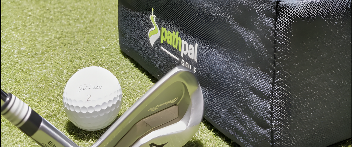 Overhead diagram showing constraint-based training concept with before and after swing paths